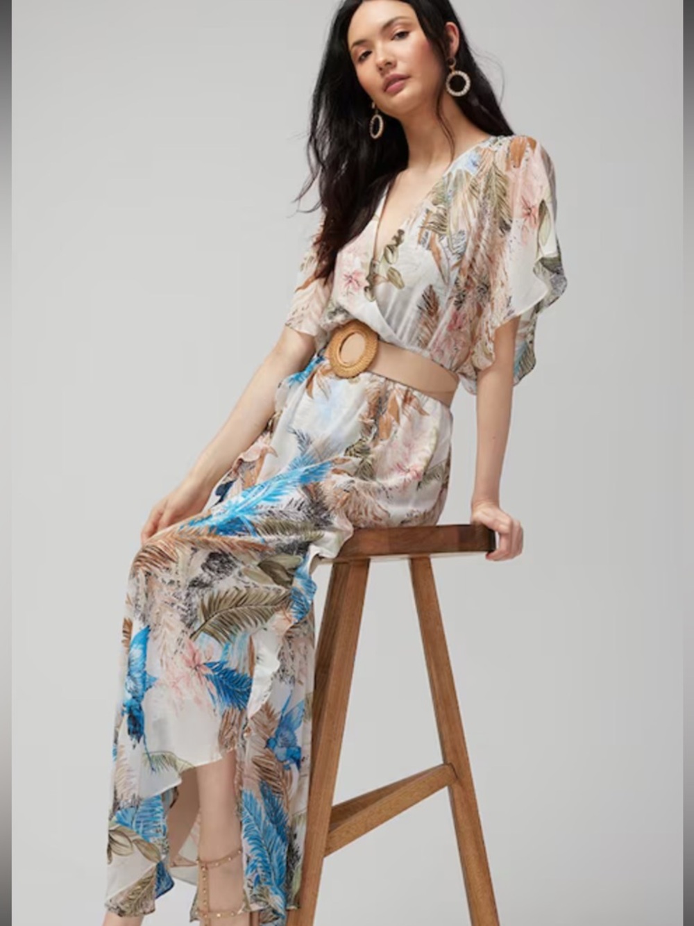 Tropical Print Whbm Maxi smocked waist Dress with Blue Accents flutter sleeves
